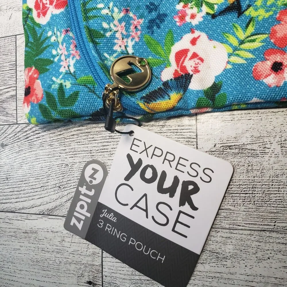 Zipit 3 Ring Pouch Case Pens Pencils School Supplies Hummingbird Flowers Blue